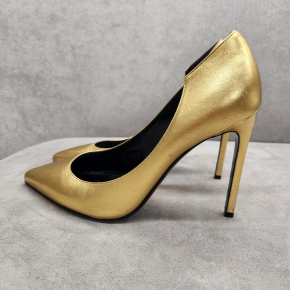 Saint Laurent Pumps 8.5 Golden Leather Stiletto Pointed Toe Luxury Made In Italy - Picture 2 of 16